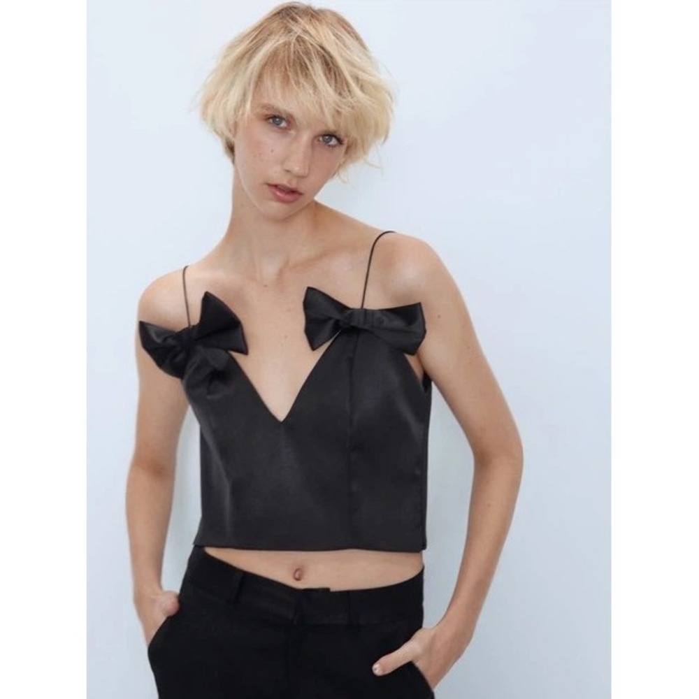 ZARA Black V Neck Bow Detail Spaghetti Strap Crop Top Women's Size M